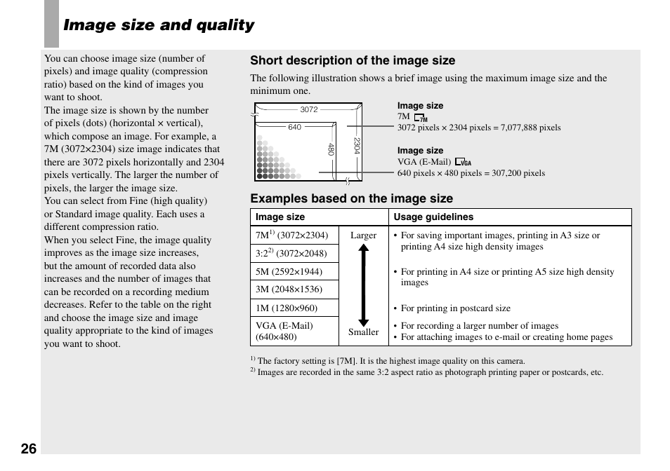 Image size and quality, Short description of the image size, Examples based on the image size | Sony DSC-V3 User Manual | Page 26 / 156