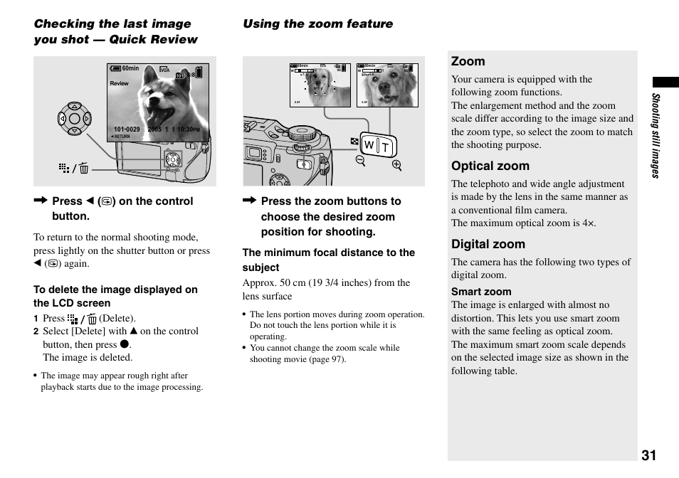 Checking the last image you shot — quick review, Using the zoom feature, Zoom | Optical zoom, Digital zoom, Press  (  ) on the control button | Sony DSC-V3 User Manual | Page 31 / 156