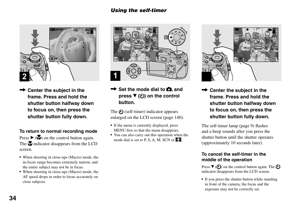 Using the self-timer | Sony DSC-V3 User Manual | Page 34 / 156