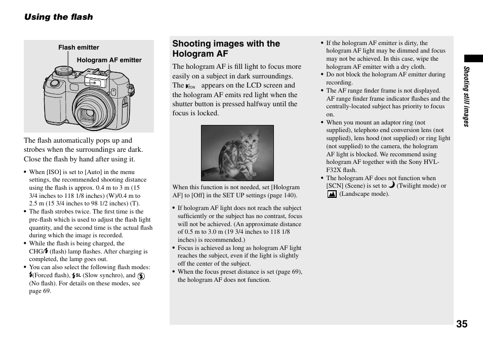 Using the flash, Shooting images with the hologram af, Using the fl ash | Sony DSC-V3 User Manual | Page 35 / 156