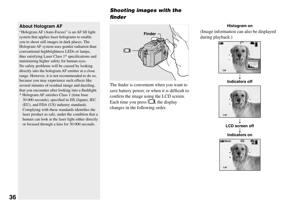 Shooting images with the fi nder | Sony DSC-V3 User Manual | Page 36 / 156