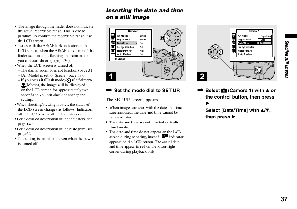 Inserting the date and time on a still image, Set the mode dial to set up, Select | Sony DSC-V3 User Manual | Page 37 / 156