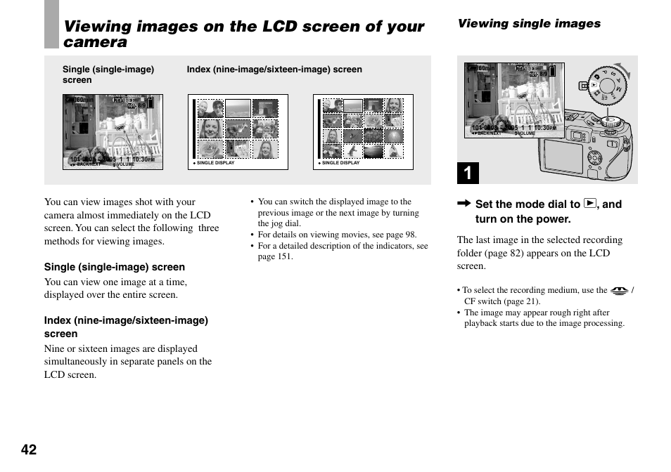 Viewing still images, Viewing images on the lcd screen of your camera, Viewing single images | Set the mode dial to , and turn on the power | Sony DSC-V3 User Manual | Page 42 / 156