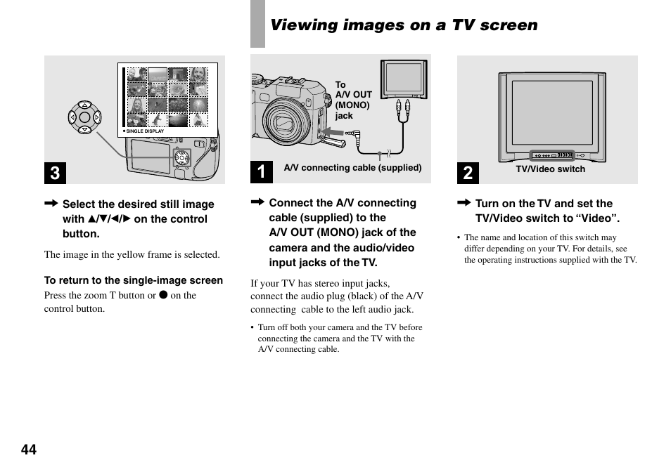 Viewing images on a tv screen | Sony DSC-V3 User Manual | Page 44 / 156