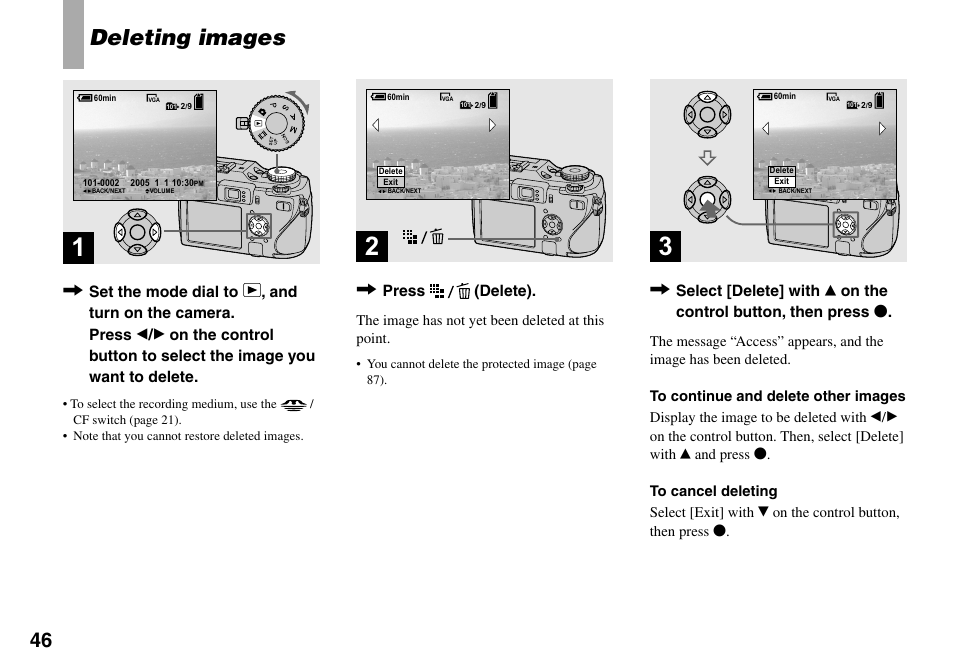 Deleting still images, Deleting images | Sony DSC-V3 User Manual | Page 46 / 156