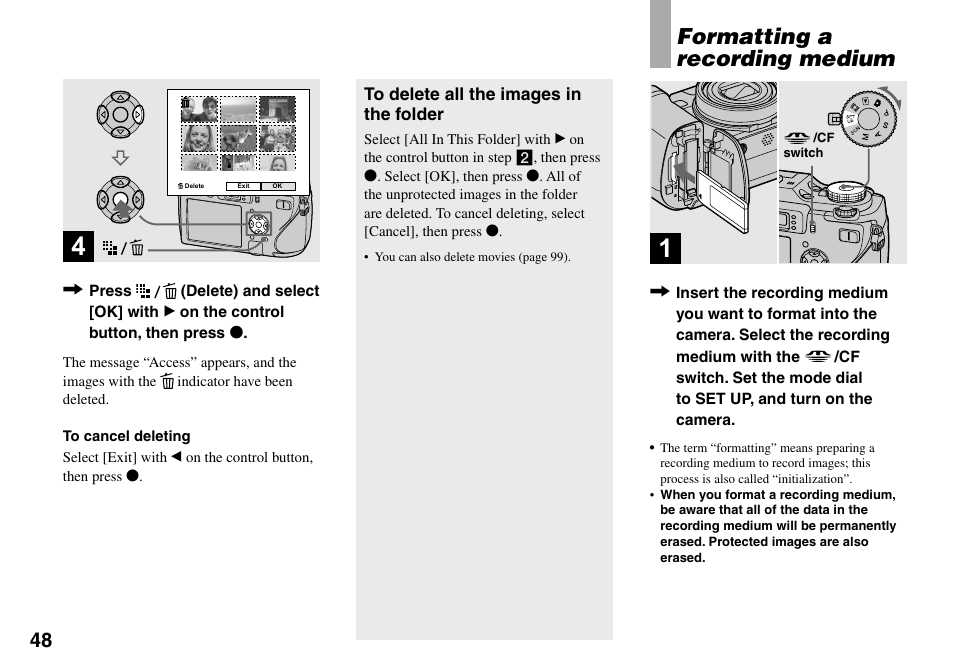 Formatting a recording medium | Sony DSC-V3 User Manual | Page 48 / 156