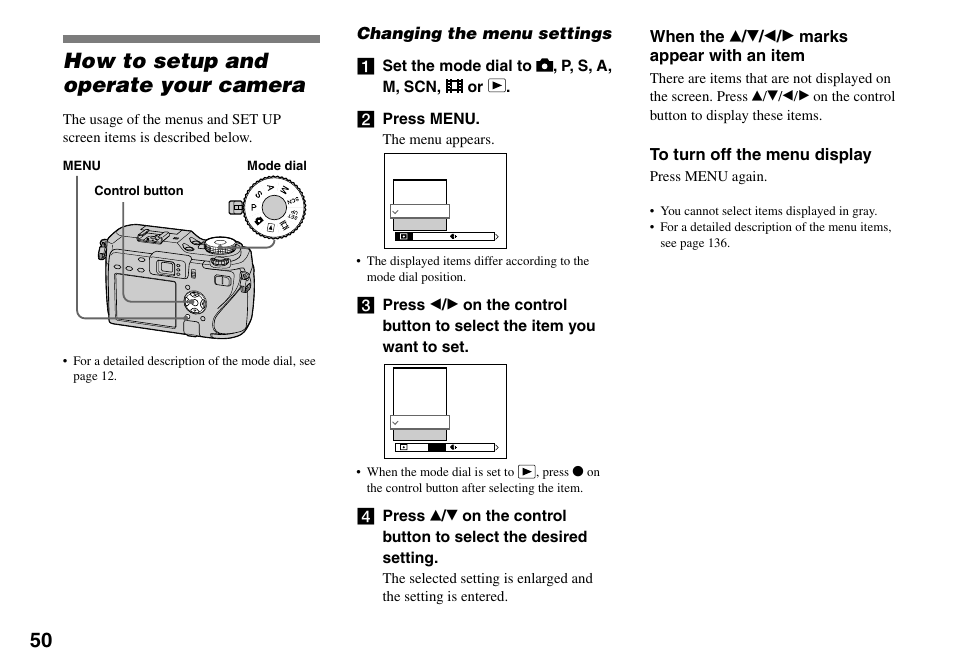 Before advanced operations, How to setup and operate your camera, Changing the menu settings | When the  /  /  /  marks appear with an item | Sony DSC-V3 User Manual | Page 50 / 156