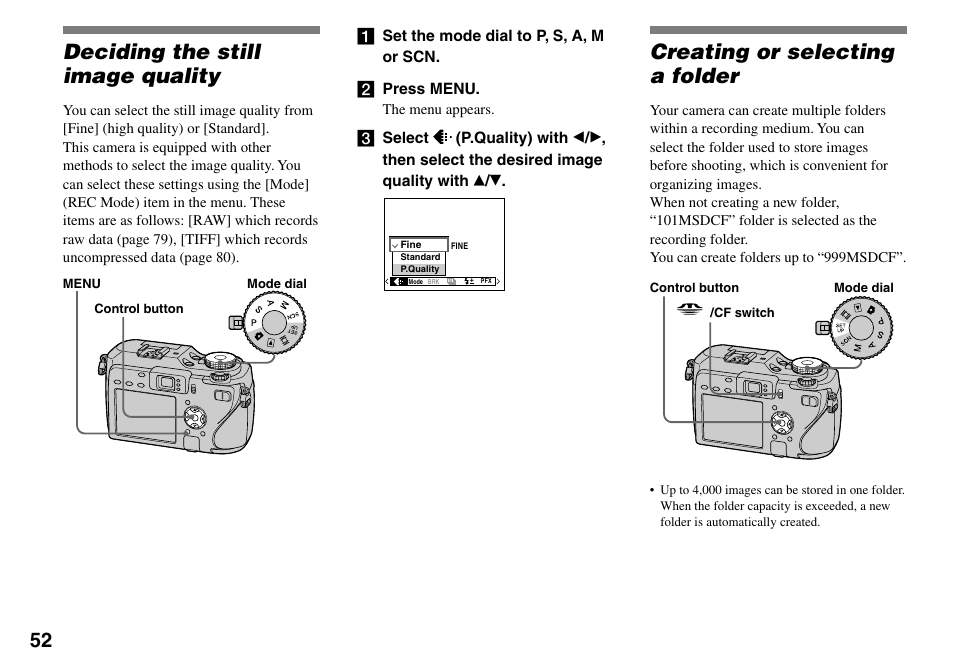 Deciding the still image quality, Creating or selecting a folder | Sony DSC-V3 User Manual | Page 52 / 156