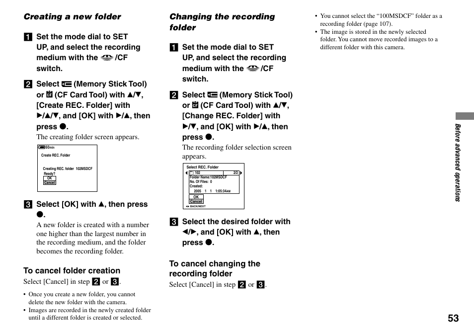 Creating a new folder, Changing the recording folder | Sony DSC-V3 User Manual | Page 53 / 156