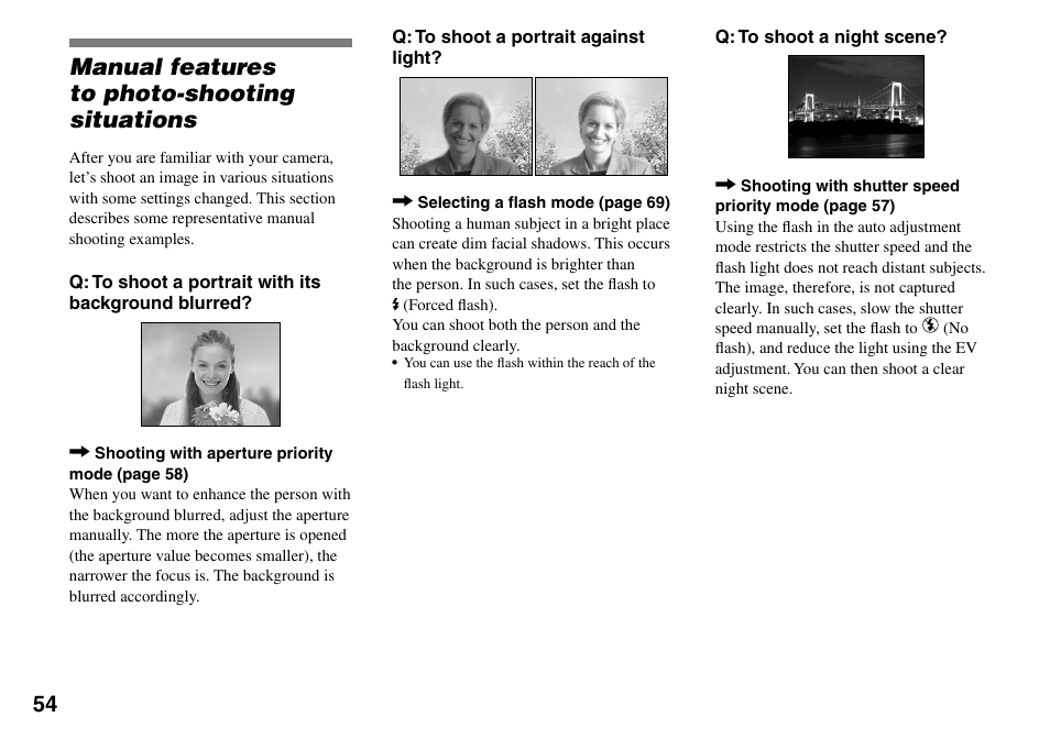 Advanced still image shooting, Manual features to photo-shooting situations | Sony DSC-V3 User Manual | Page 54 / 156