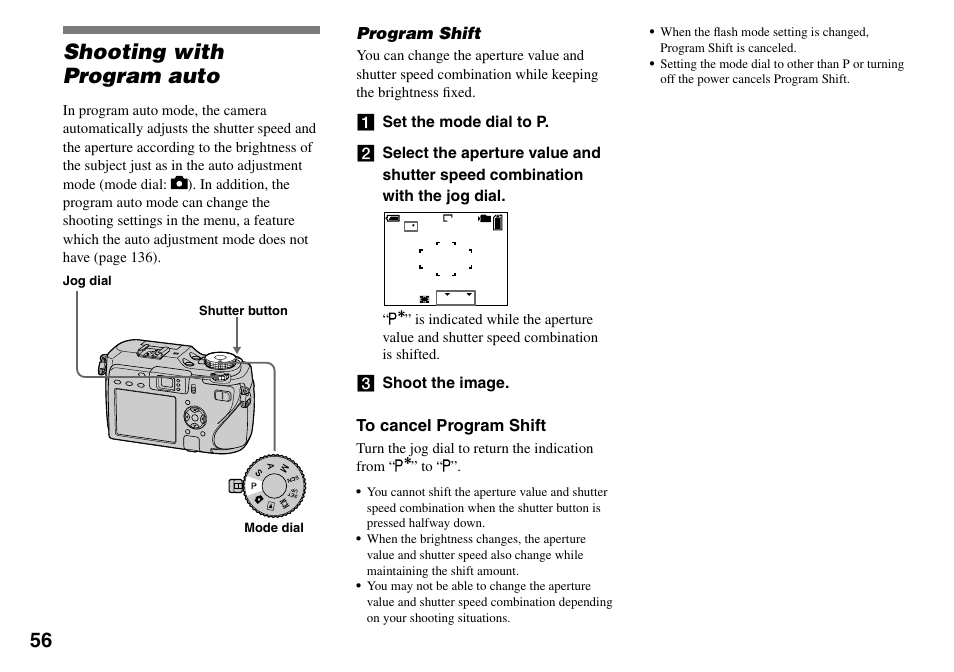 Shooting with program auto, Program shift | Sony DSC-V3 User Manual | Page 56 / 156