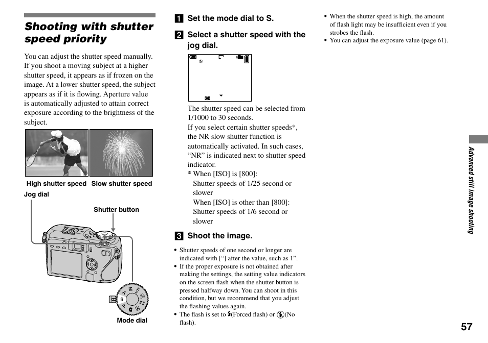 Shooting with shutter speed priority | Sony DSC-V3 User Manual | Page 57 / 156