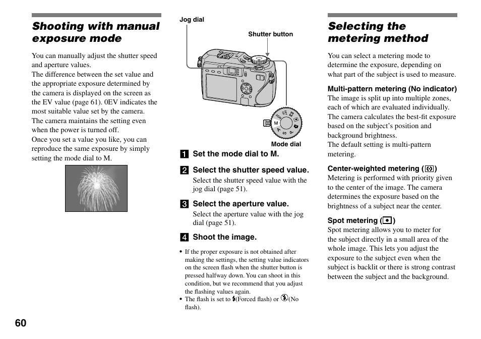 Shooting with manual exposure mode, Selecting the metering method | Sony DSC-V3 User Manual | Page 60 / 156