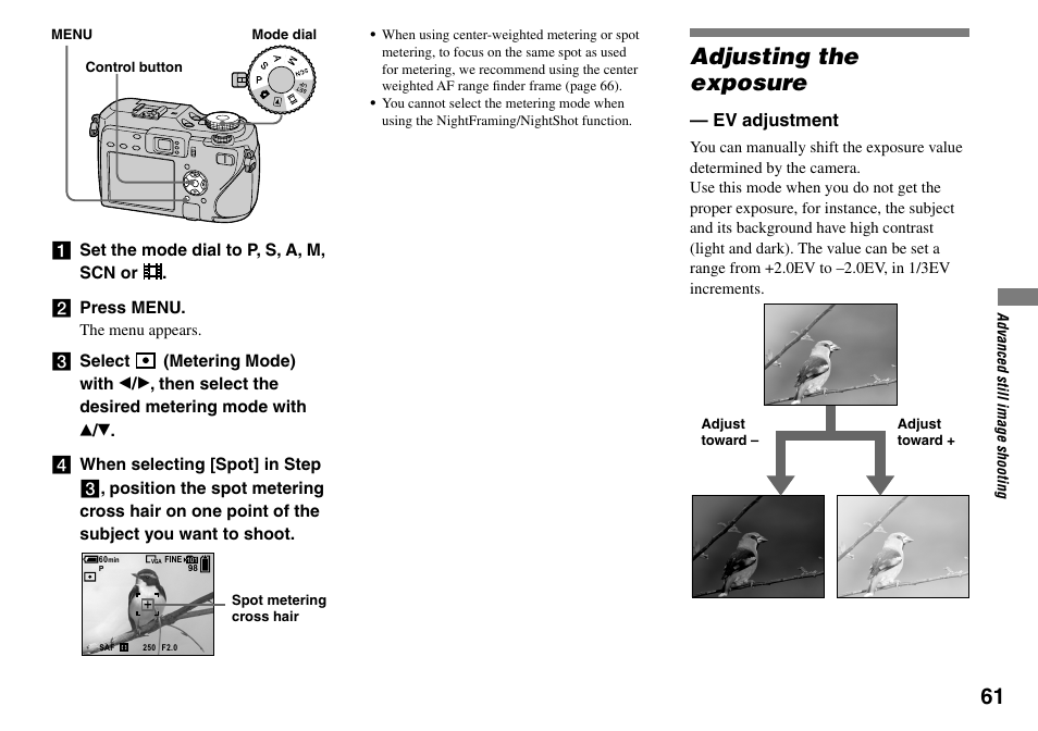 Adjusting the exposure, Ev adjustment | Sony DSC-V3 User Manual | Page 61 / 156