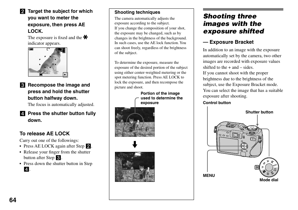 Shooting three images with the exposure shifted | Sony DSC-V3 User Manual | Page 64 / 156