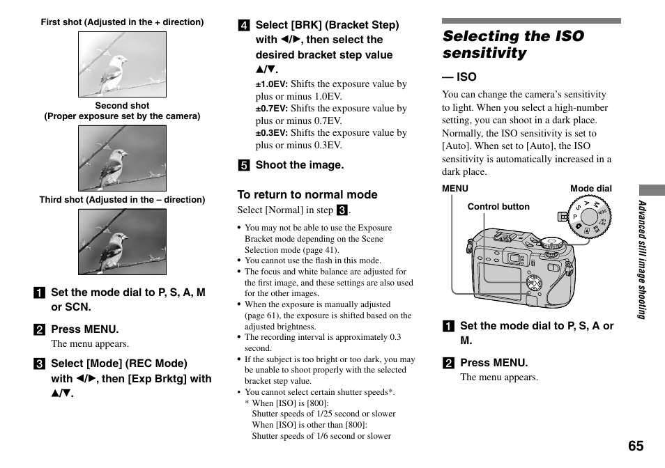 Selecting the iso sensitivity | Sony DSC-V3 User Manual | Page 65 / 156