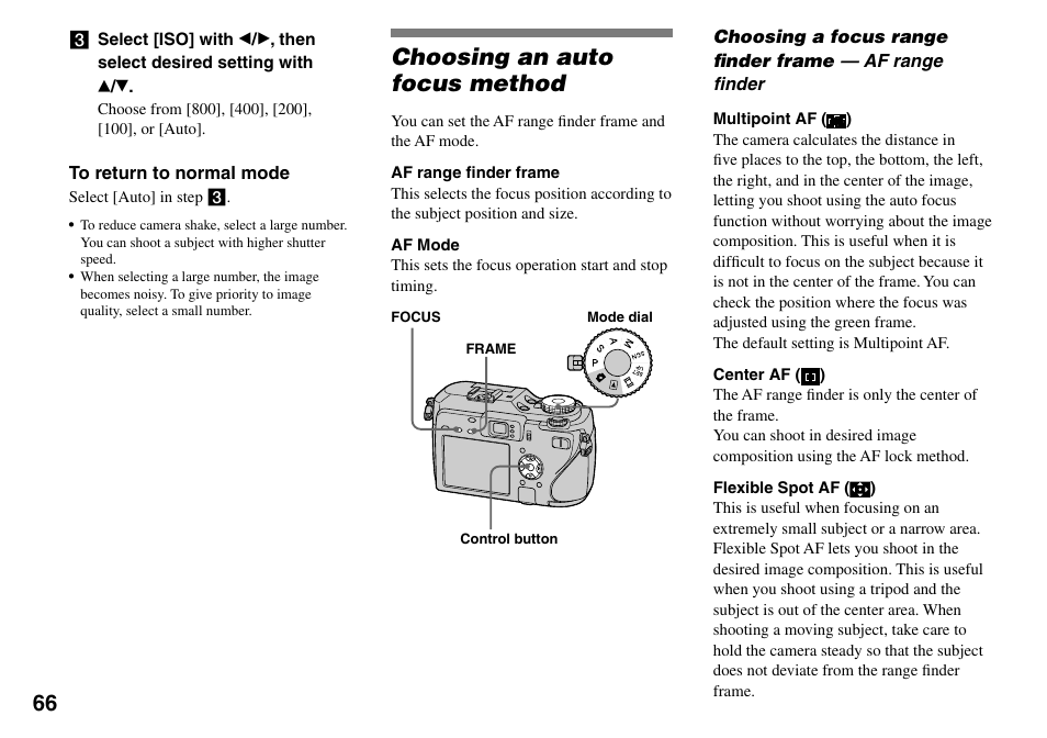 Choosing an auto focus method, Choosing a focus range fi nder frame | Sony DSC-V3 User Manual | Page 66 / 156