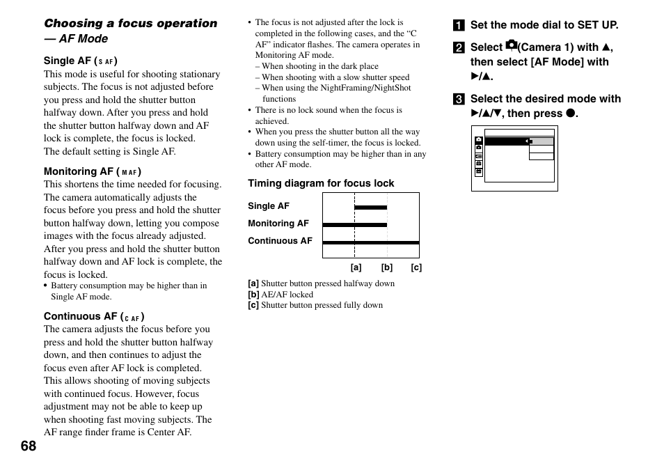 Choosing a focus operation, Choosing a focus operation — af mode, Set the mode dial to set up.  select | Sony DSC-V3 User Manual | Page 68 / 156