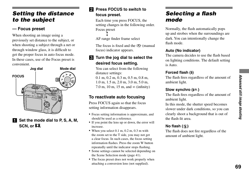 Setting the distance to the subject, Selecting a fl ash mode | Sony DSC-V3 User Manual | Page 69 / 156