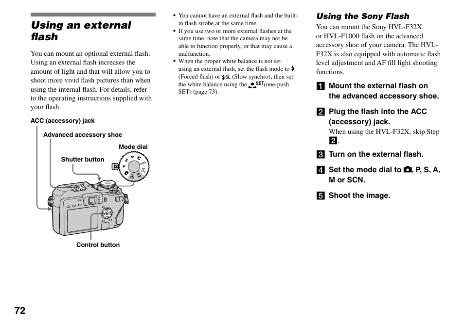 Using an external fl ash, Using the sony flash | Sony DSC-V3 User Manual | Page 72 / 156