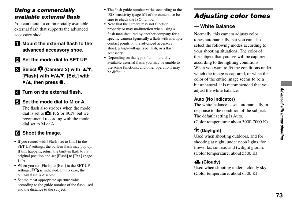 Using a commercially available external fl ash, Adjusting color tones | Sony DSC-V3 User Manual | Page 73 / 156