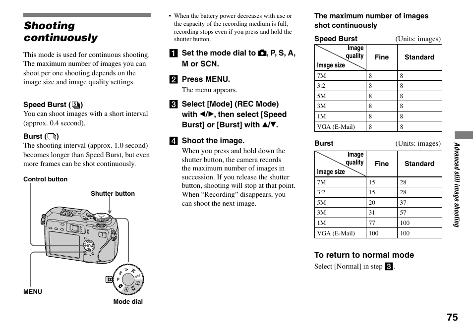 Shooting continuously | Sony DSC-V3 User Manual | Page 75 / 156