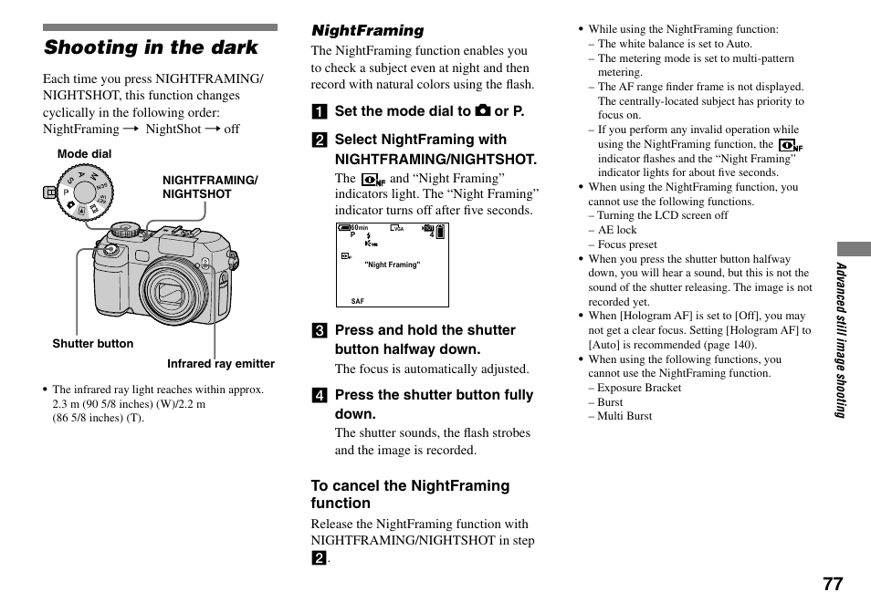 Shooting in the dark, Nightframing | Sony DSC-V3 User Manual | Page 77 / 156