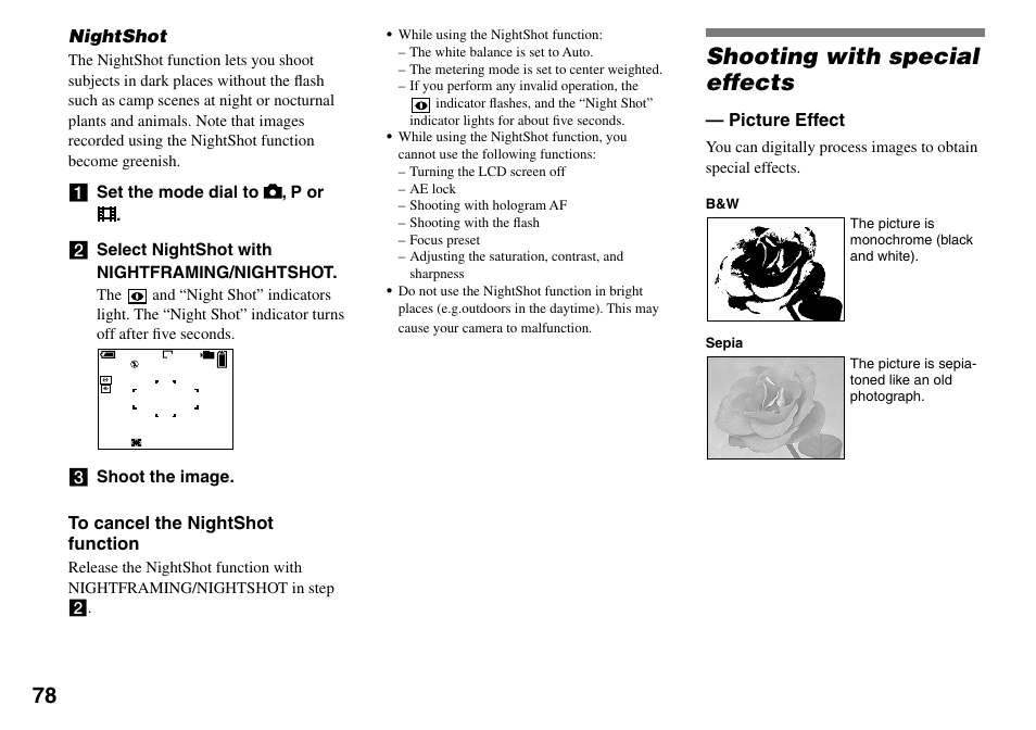 Nightshot, Shooting with special effects, Picture effect | Sony DSC-V3 User Manual | Page 78 / 156