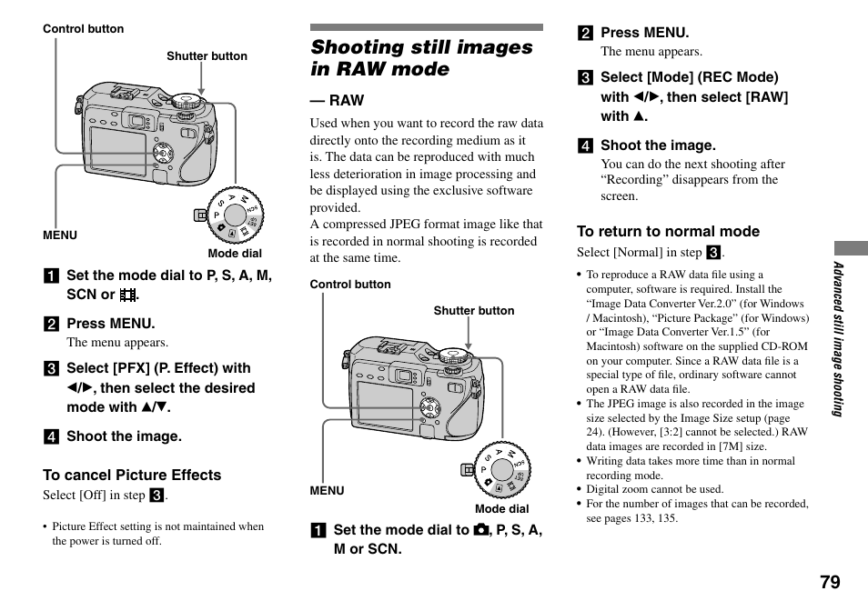 Shooting still images in raw mode | Sony DSC-V3 User Manual | Page 79 / 156