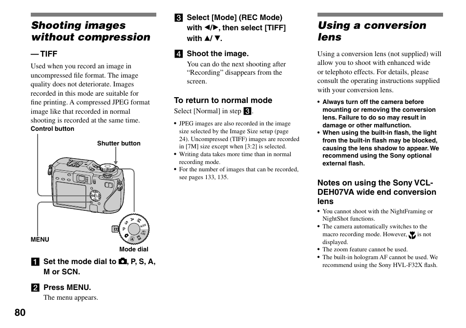 Shooting images without compression, Using a conversion lens | Sony DSC-V3 User Manual | Page 80 / 156