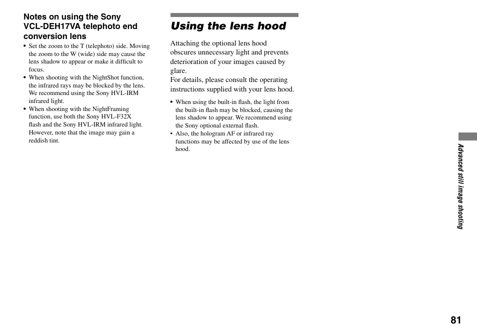 Using the lens hood | Sony DSC-V3 User Manual | Page 81 / 156