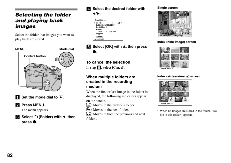 Advanced still image viewing, Selecting the folder and playing back images, Set the mode dial to .  press menu | Select [ok] with  , then press | Sony DSC-V3 User Manual | Page 82 / 156