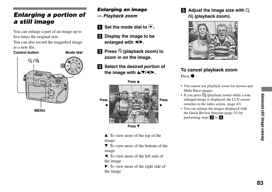 Enlarging a portion of a still image, Enlarging an image | Sony DSC-V3 User Manual | Page 83 / 156