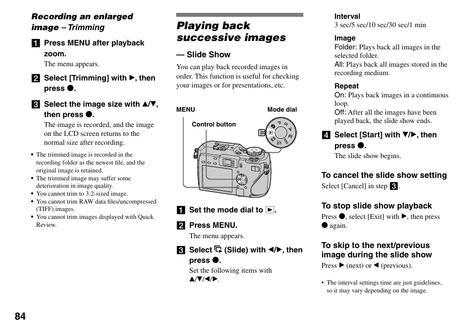 Recording an enlarged image, Playing back successive images | Sony DSC-V3 User Manual | Page 84 / 156