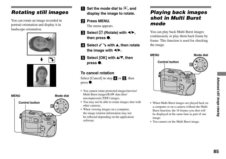 Rotating still images, Playing back images shot in multi burst mode | Sony DSC-V3 User Manual | Page 85 / 156