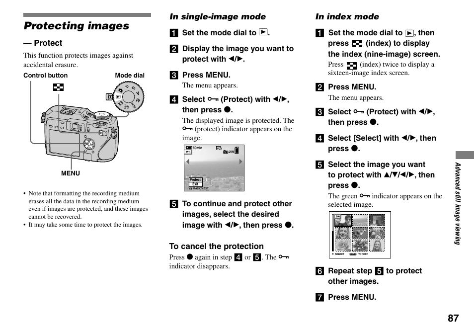 Protecting images | Sony DSC-V3 User Manual | Page 87 / 156