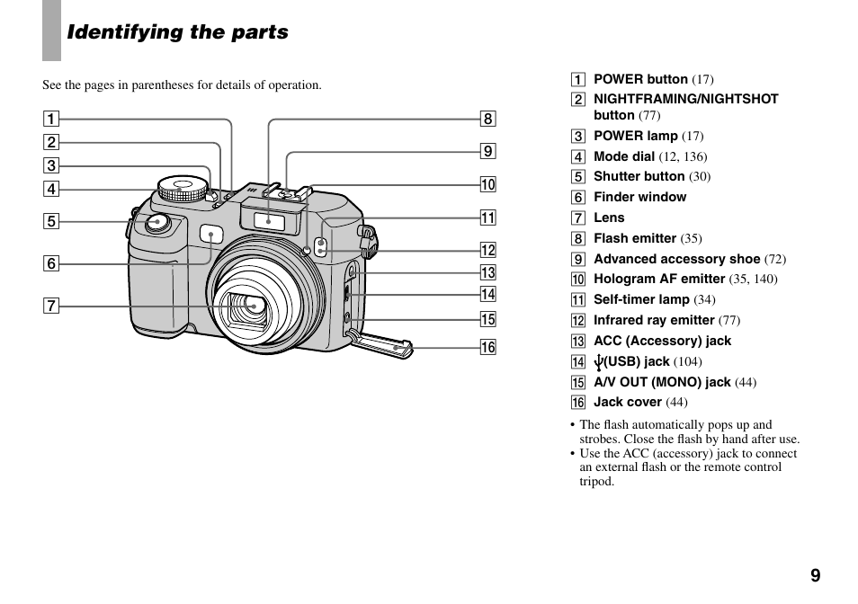 Identifying the parts | Sony DSC-V3 User Manual | Page 9 / 156