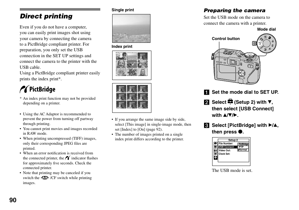 Direct printing, Preparing the camera | Sony DSC-V3 User Manual | Page 90 / 156