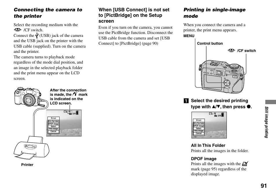 Connecting the camera to the printer, Printing in single-image mode | Sony DSC-V3 User Manual | Page 91 / 156