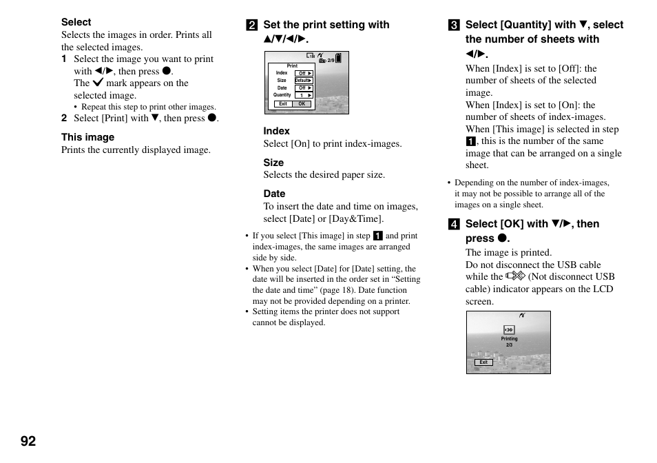 Set the print setting with, Select [ok] with  /  , then press | Sony DSC-V3 User Manual | Page 92 / 156