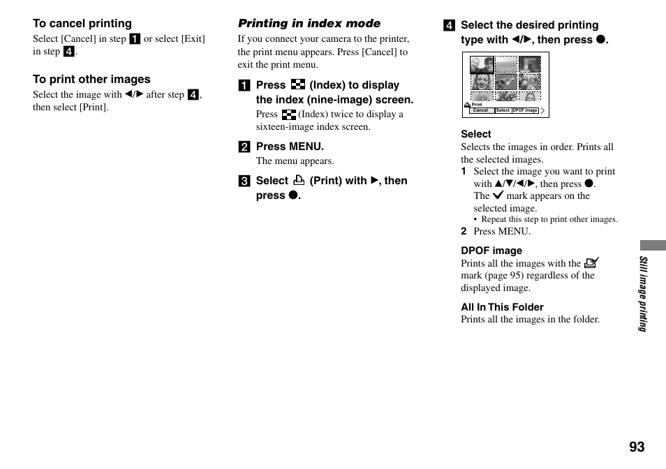 Printing in index mode | Sony DSC-V3 User Manual | Page 93 / 156