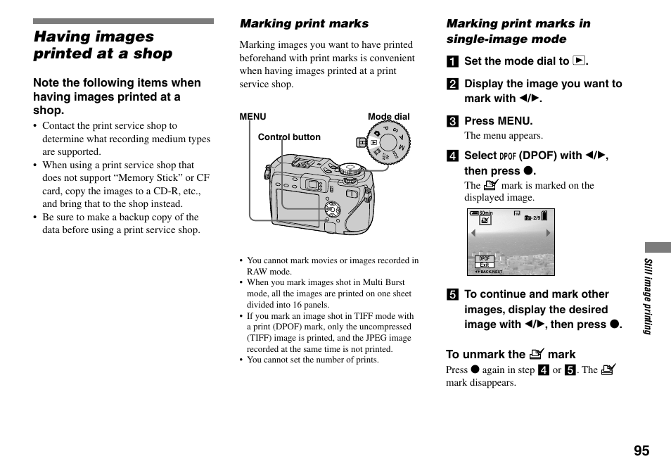 Having images printed at a shop, Marking print marks, Marking print marks in single-image mode | Sony DSC-V3 User Manual | Page 95 / 156