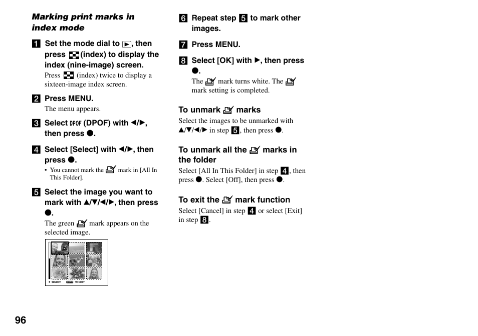 Marking print marks in index mode | Sony DSC-V3 User Manual | Page 96 / 156