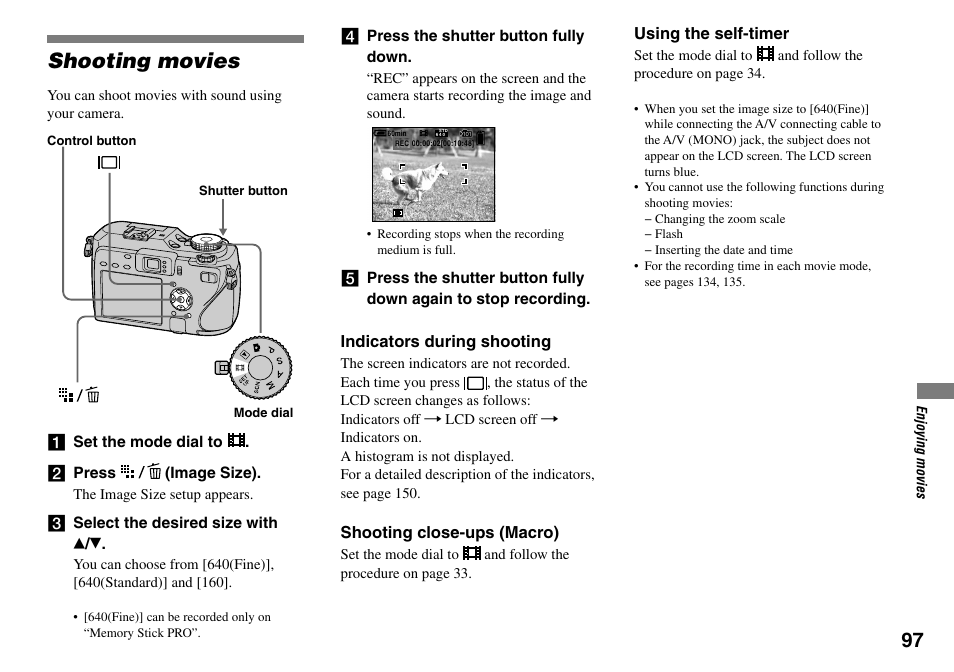 Enjoing movies, Shooting movies | Sony DSC-V3 User Manual | Page 97 / 156