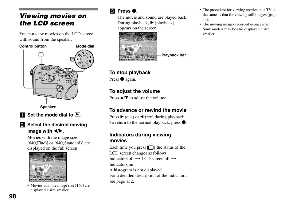 Viewing movies on the lcd screen, Indicators during viewing movies, Press | Sony DSC-V3 User Manual | Page 98 / 156