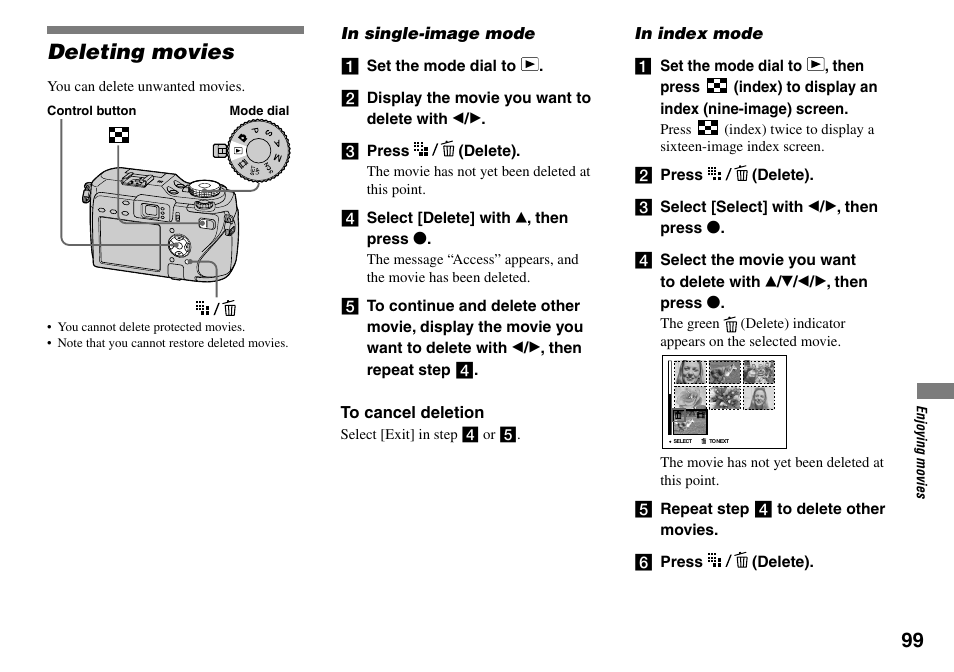 Deleting movies | Sony DSC-V3 User Manual | Page 99 / 156