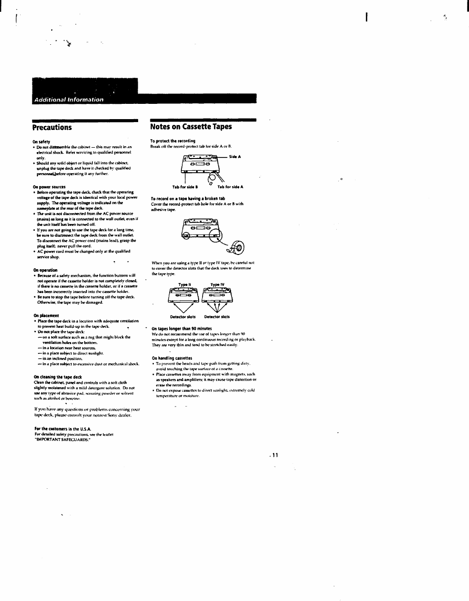 Notes on cassette tapes, Onsaftty, On power sources | On operation, On plactment, On deaning th« tape deck, To protect the recording, Tab for side a, To record on a tape having a broken tab, Datector slots detector slots | Sony TC-KA1ESA User Manual | Page 10 / 14