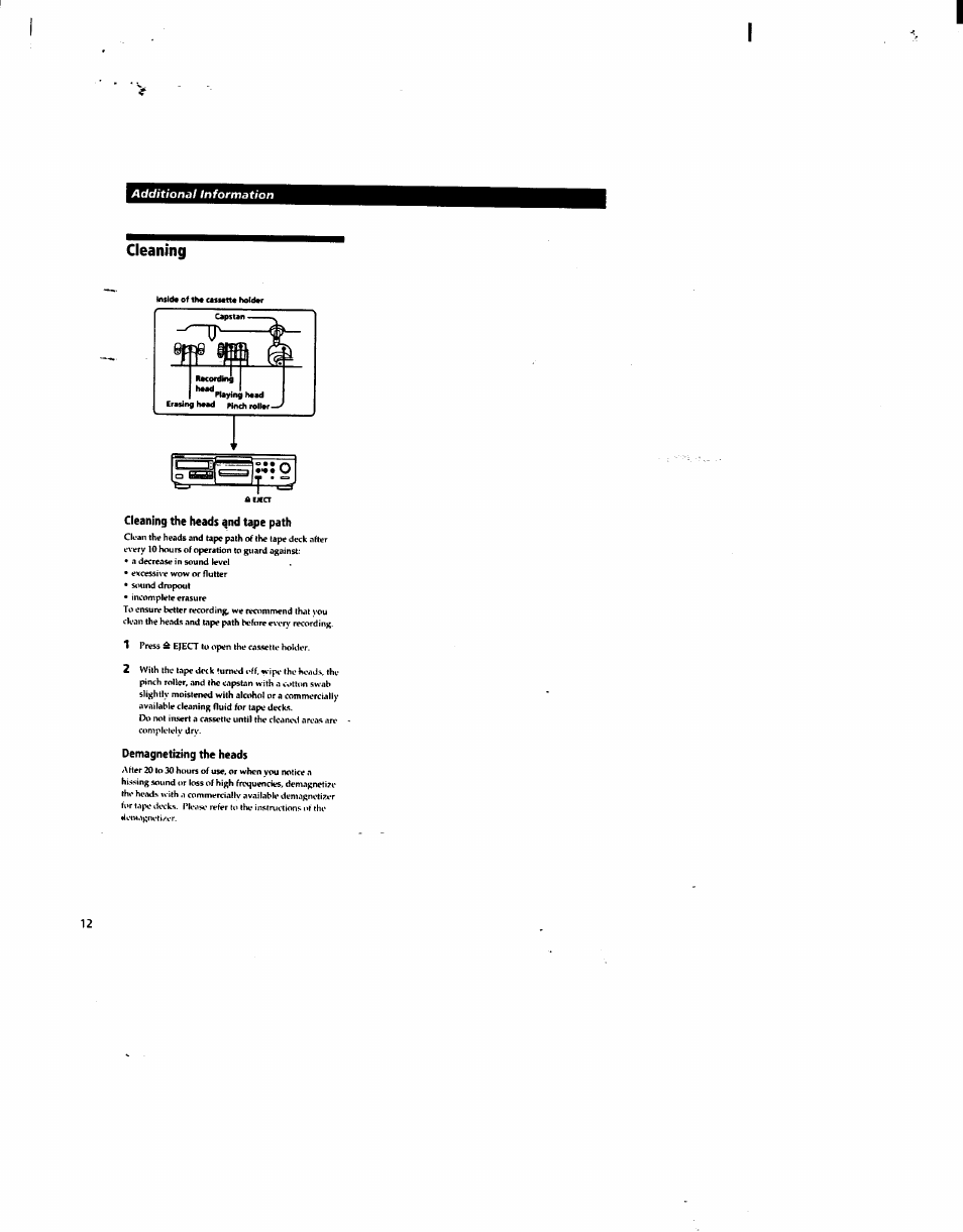 Cleaning, Cleaning the heads gnd tape path, Demagnetizing the heads | Sony TC-KA1ESA User Manual | Page 11 / 14