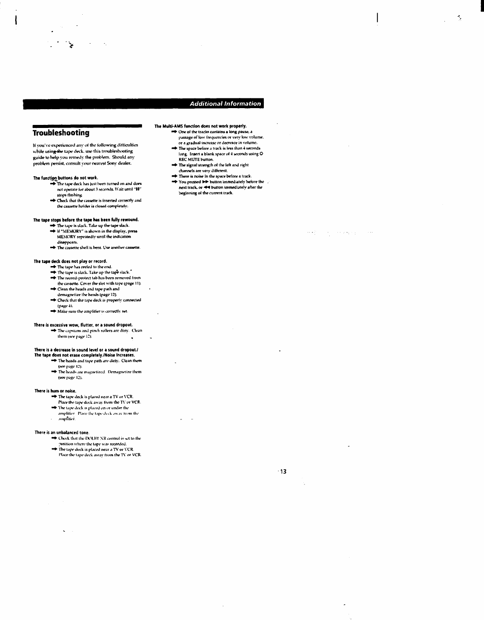 Troubleshooting, The functjpn buttons do not work, The mukhams fuiktion does not work properly | The tape deck does not play or record, There is hum or noise, There is an unbalanced tone, Additional information | Sony TC-KA1ESA User Manual | Page 12 / 14