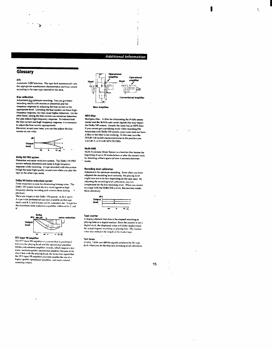 Glossary, Bias calibration, Dolby hx pro system | Dolby nr inoise reduction) system, Mpx filter, Multi-ams, Recording level calibration, Fet input pb amplifier, Tape counter, Test tones | Sony TC-KA1ESA User Manual | Page 13 / 14